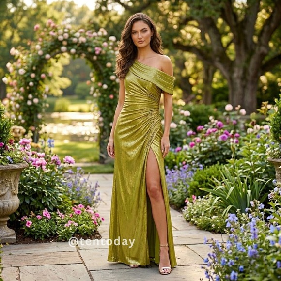 Mac Duggal Dresses & Skirts - Mac Duggal Size 12 Green Off The Shoulder Ruched Metallic Long Maxi Gown Dress